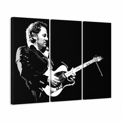 Ročno poslikana slika POP Art Bruce Springsteen 3 kosi – 3D vizualizacija ročno poslikanega platna na belem ozadju. Prevladujoče barve: črna, bela, siva.