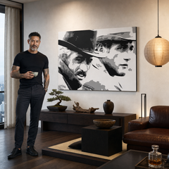 Ročno poslikana slika POP Art Butch Cassidy 1 kos bc – slika v sodobnem moškem interjerju, lifestyle vizualizacija. Prevladujoče barve: črna, bela, siva.