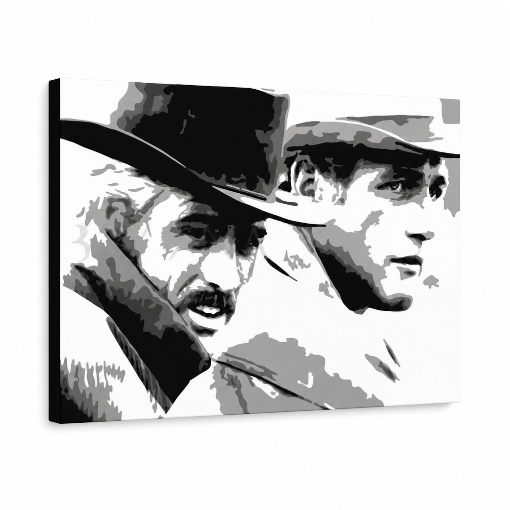Ročno poslikana slika POP Art Butch Cassidy 1 kos bc – 3D vizualizacija ročno poslikanega platna na belem ozadju. Prevladujoče barve: črna, bela, siva.
