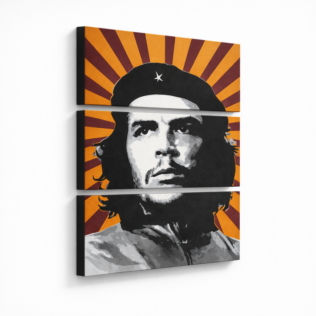 Ročno poslikana slika POP Art Che Guevara 3 kosi Che – 3D vizualizacija ročno poslikanega platna na belem ozadju. Prevladujoče barve: rumena, črna, bela, siva, oranžna.
