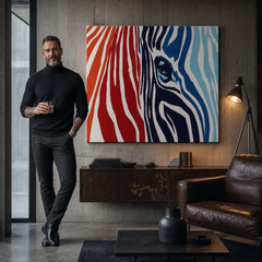 Ročno poslikana slika POP Art COLOURS 1 kos zebra – slika v sodobnem moškem interjerju, lifestyle vizualizacija. Prevladujoče barve: rdeča, oranzová, modra, bela, črna.