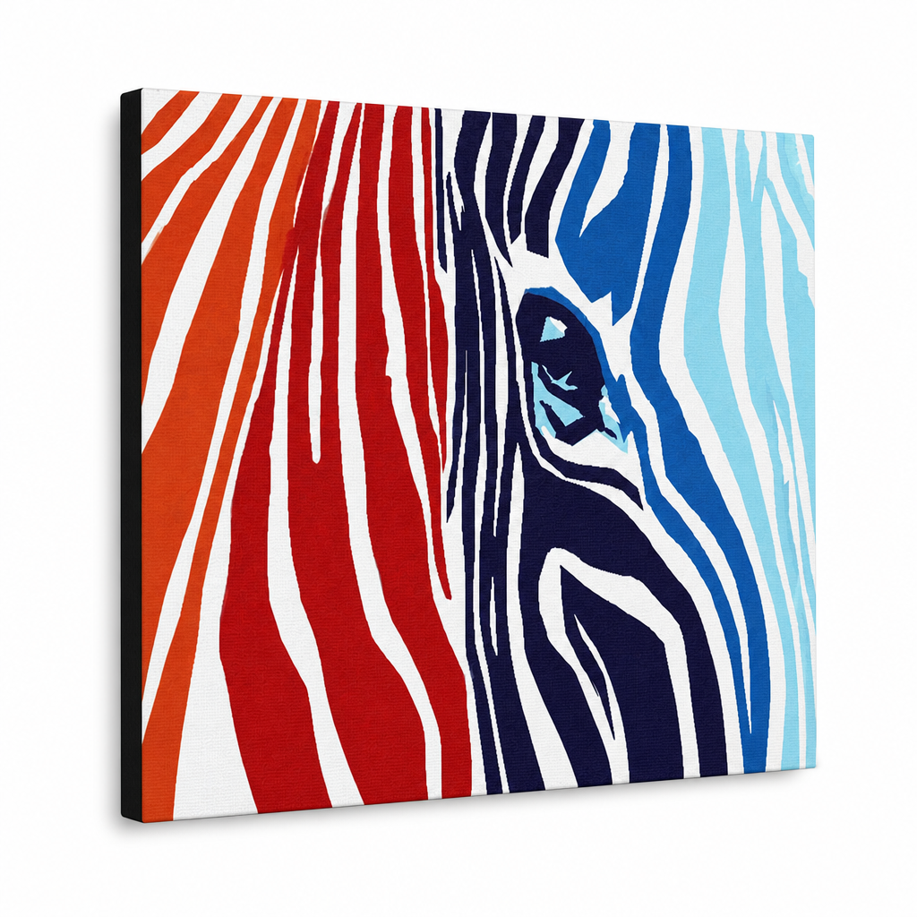 Ročno poslikana slika POP Art COLOURS 1 kos zebra – 3D vizualizacija ročno poslikanega platna na belem ozadju. Prevladujoče barve: rdeča, oranzová, modra, bela, črna.