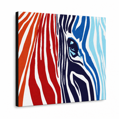 Ročno poslikana slika POP Art COLOURS 1 kos zebra – 3D vizualizacija ročno poslikanega platna na belem ozadju. Prevladujoče barve: rdeča, oranzová, modra, bela, črna.