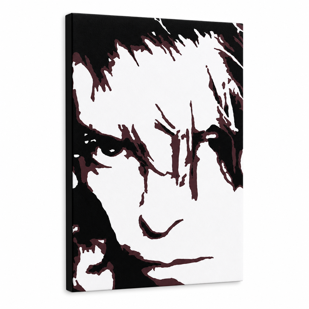 Ročno poslikana slika POP Art David Bowie 1 kos db – 3D vizualizacija ročno poslikanega platna na belem ozadju. Prevladujoče barve: črna, rjava, bela.