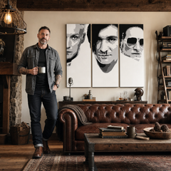 Ročno poslikana slika POP Art Die Ärzte 3-delna da2 – slika v sodobnem moškem interjerju, lifestyle vizualizacija. Prevladujoče barve: črna, bela, siva.