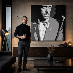 Ročno poslikana slika POP Art Dr. HOUSE 1 kos dh2 – slika v sodobnem moškem interjerju, lifestyle vizualizacija. Prevladujoče barve: črna, bela, siva.