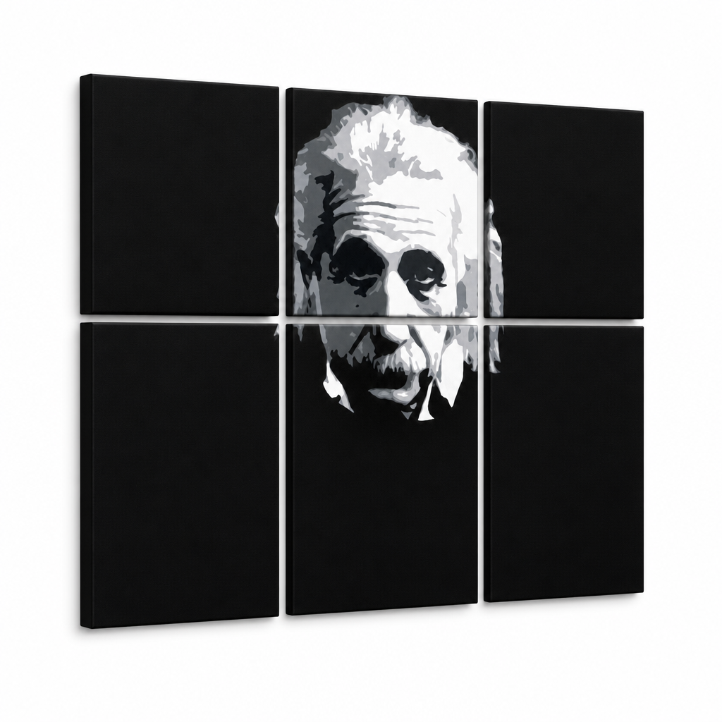 Ročno poslikana slika POP Art Einstein 6 delov einstein – 3D vizualizacija ročno poslikanega platna na belem ozadju. Prevladujoče barve: črna, bela, siva.