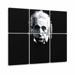 Ročno poslikana slika POP Art Einstein 6 delov einstein – 3D vizualizacija ročno poslikanega platna na belem ozadju. Prevladujoče barve: črna, bela, siva.