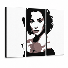 Ročno poslikana slika POP Art Elizabeth Taylor 3 kosi et2 – 3D vizualizacija ročno poslikanega platna na belem ozadju. Prevladujoče barve: črna, rjava, bela.