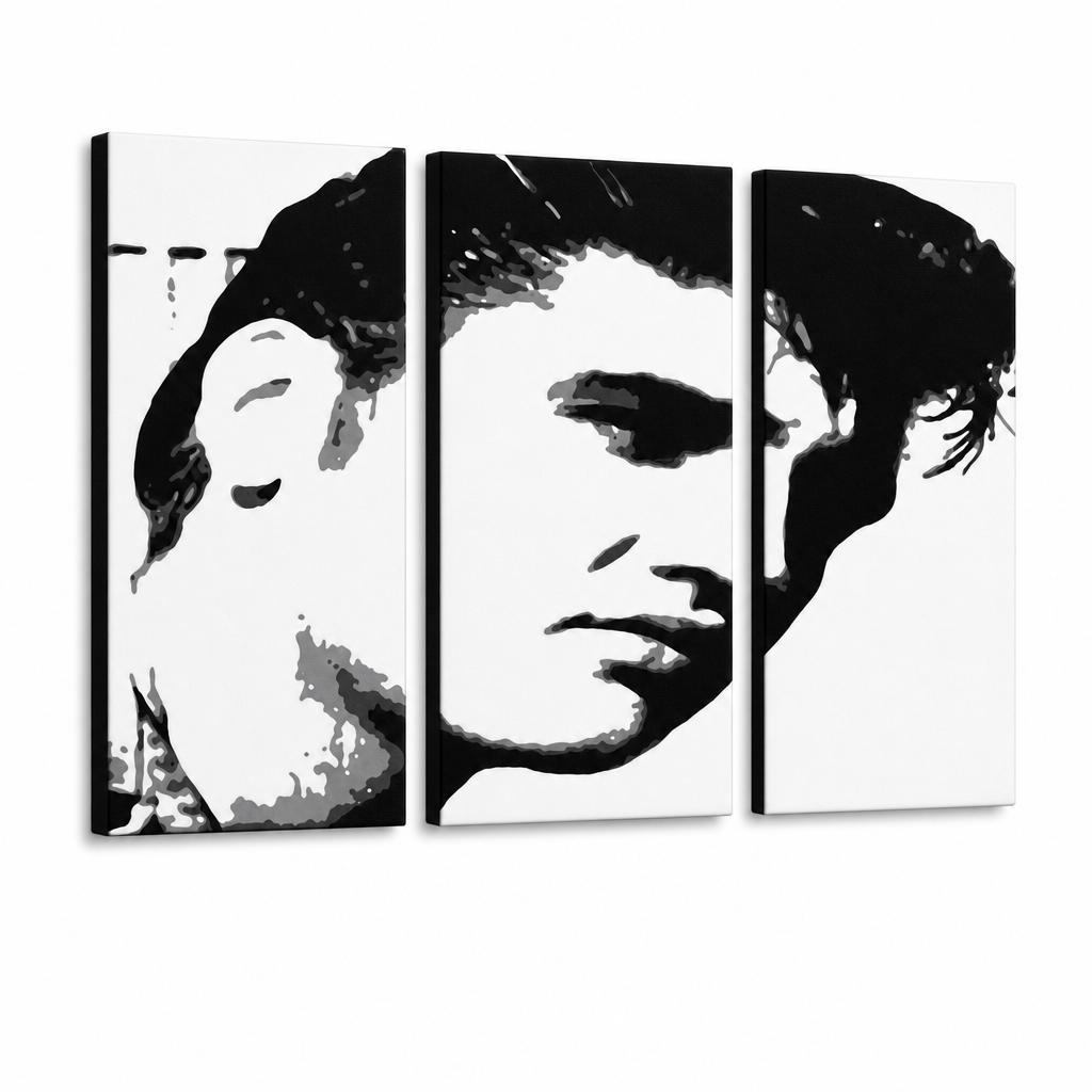 Ročno poslikana slika POP Art ELVIS 3 kosi el – 3D vizualizacija ročno poslikanega platna na belem ozadju. Prevladujoče barve: črna, bela, siva.