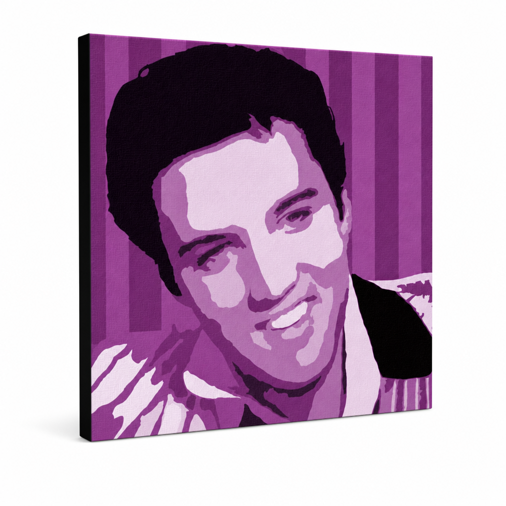 Ročno poslikana slika POP Art Elvis Presley 1 kos el4 – 3D vizualizacija ročno poslikanega platna na belem ozadju. Prevladujoče barve: vijolična, bela, črna.
