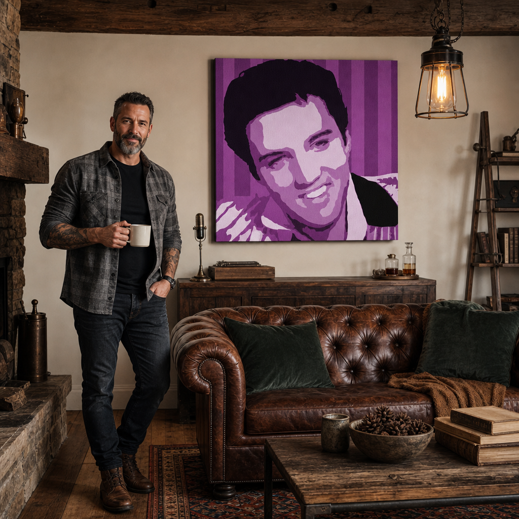 Ročno poslikana slika POP Art Elvis Presley 1 kos el4 – slika v sodobnem moškem interjerju, lifestyle vizualizacija. Prevladujoče barve: vijolična, bela, črna.
