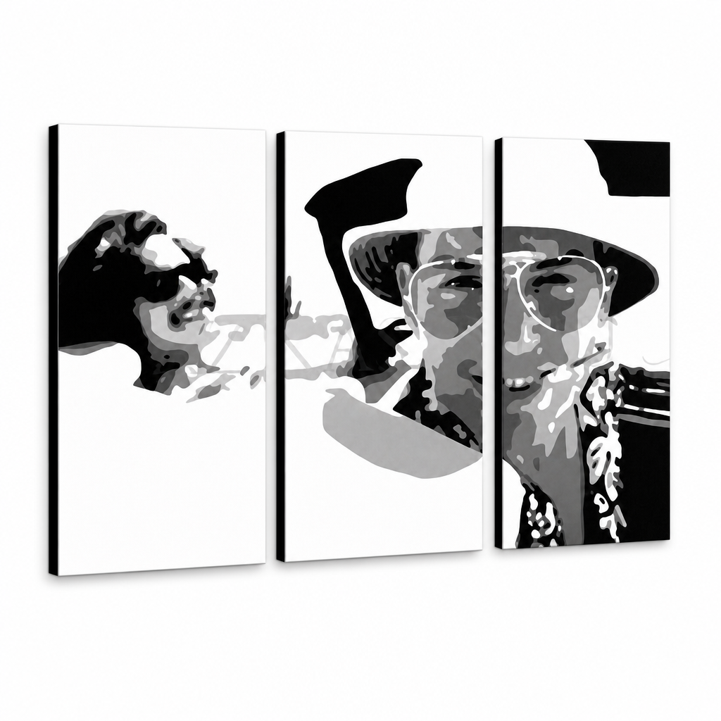 Ročno poslikana slika POP Art Fear and Loathing in Las Vegas 3 kosi lv – 3D vizualizacija ročno poslikanega platna na belem ozadju. Prevladujoče barve: črna, bela, siva.