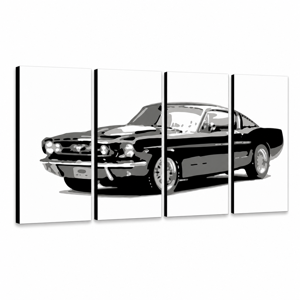 Ročno poslikana slika POP Art Ford Mustang 4 kosi fm – 3D vizualizacija ročno poslikanega platna na belem ozadju. Prevladujoče barve: črna, siva, bela.