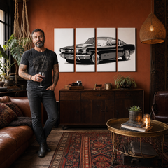 Ročno poslikana slika POP Art Ford Mustang 4 kosi fm – slika v sodobnem moškem interjerju, lifestyle vizualizacija. Prevladujoče barve: črna, siva, bela.