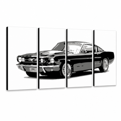Ročno poslikana slika POP Art Ford Mustang 4 kosi fm – 3D vizualizacija ročno poslikanega platna na belem ozadju. Prevladujoče barve: črna, siva, bela.
