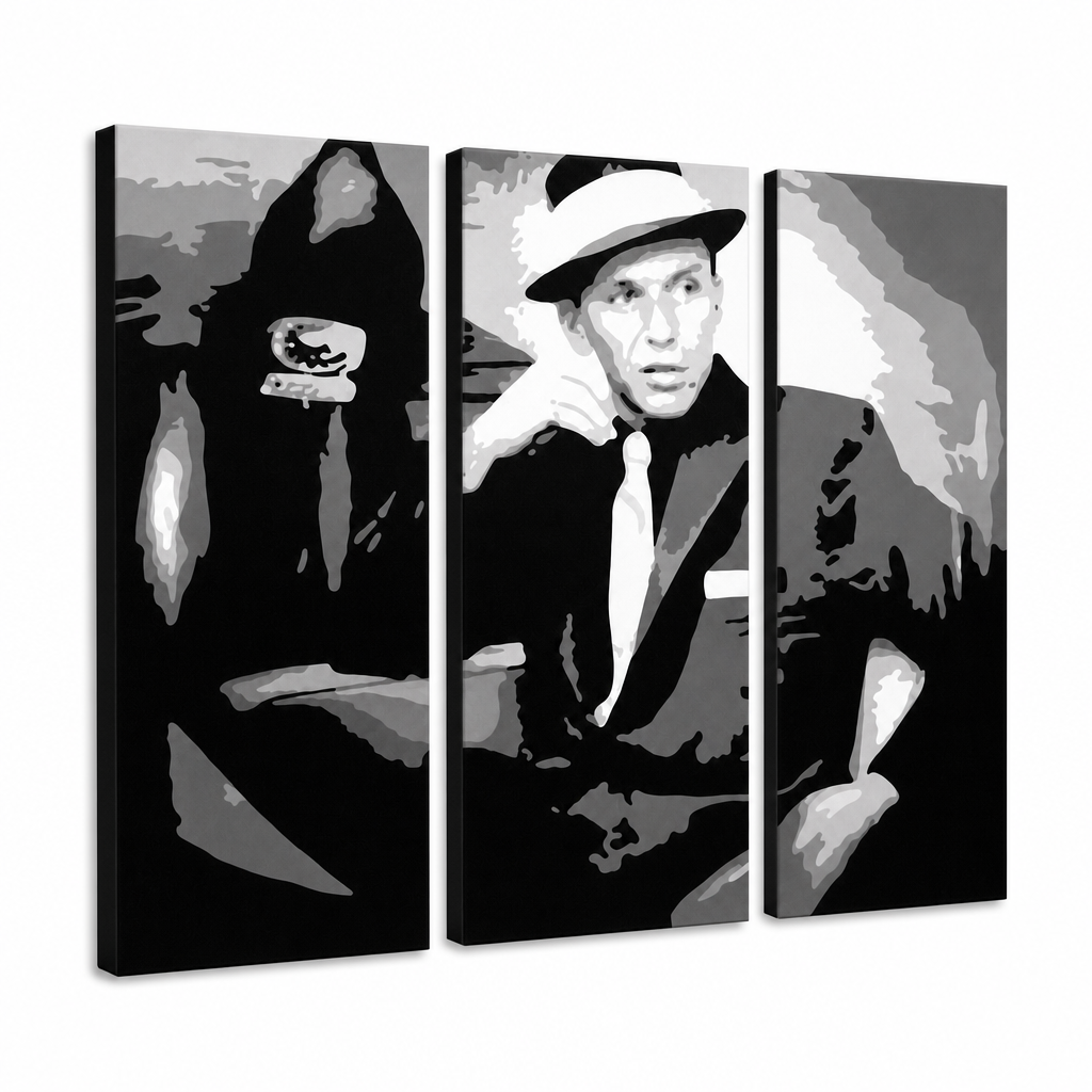 Ročno poslikana slika POP Art Frank Sinatra 3 kosi sin – 3D vizualizacija ročno poslikanega platna na belem ozadju. Prevladujoče barve: črna, bela, siva.