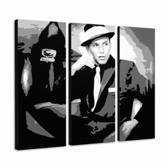 Ročno poslikana slika POP Art Frank Sinatra 3 kosi sin – 3D vizualizacija ročno poslikanega platna na belem ozadju. Prevladujoče barve: črna, bela, siva.