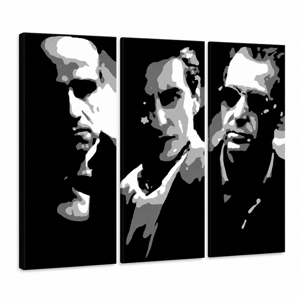 Ročno poslikana slika POP Art GODFATHER 3 kosi bog2 – 3D vizualizacija ročno poslikanega platna na belem ozadju. Prevladujoče barve: črna, bela, siva.