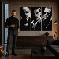 Ročno poslikana slika POP Art GODFATHER 3 kosi bog2 – slika v sodobnem moškem interjerju, lifestyle vizualizacija. Prevladujoče barve: črna, bela, siva.