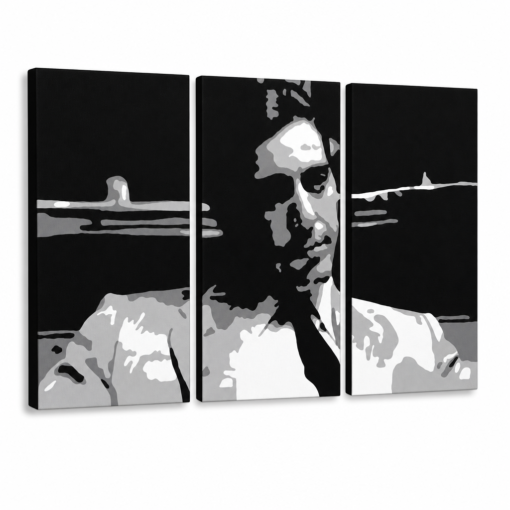 Ročno poslikana slika POP Art GODFATHER 3 kosi bog6 – 3D vizualizacija ročno poslikanega platna na belem ozadju. Prevladujoče barve: črna, bela, siva.