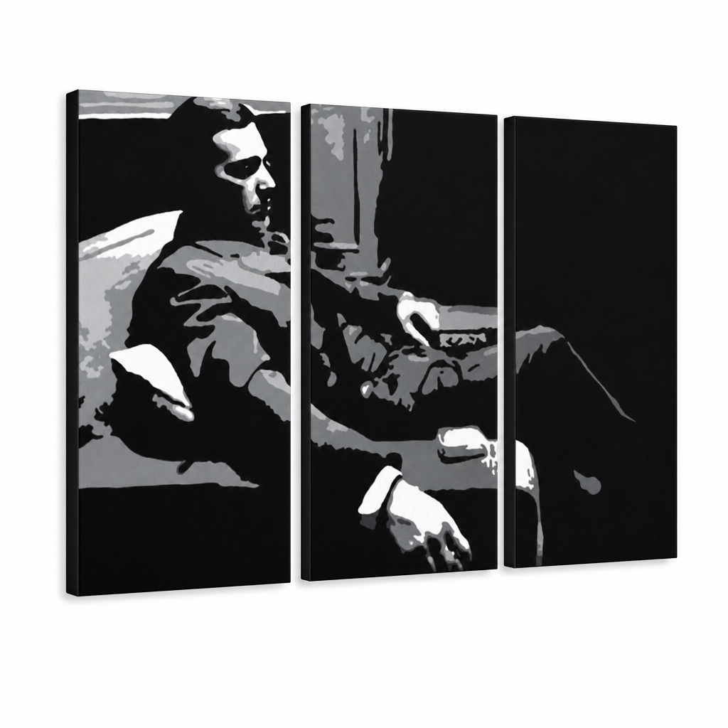 Ročno poslikana slika POP Art GODFATHER 3 kosi bog7 – 3D vizualizacija ročno poslikanega platna na belem ozadju. Prevladujoče barve: črna, siva, bela.