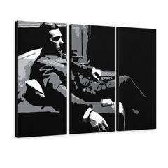 Ročno poslikana slika POP Art GODFATHER 3 kosi bog7 – 3D vizualizacija ročno poslikanega platna na belem ozadju. Prevladujoče barve: črna, siva, bela.