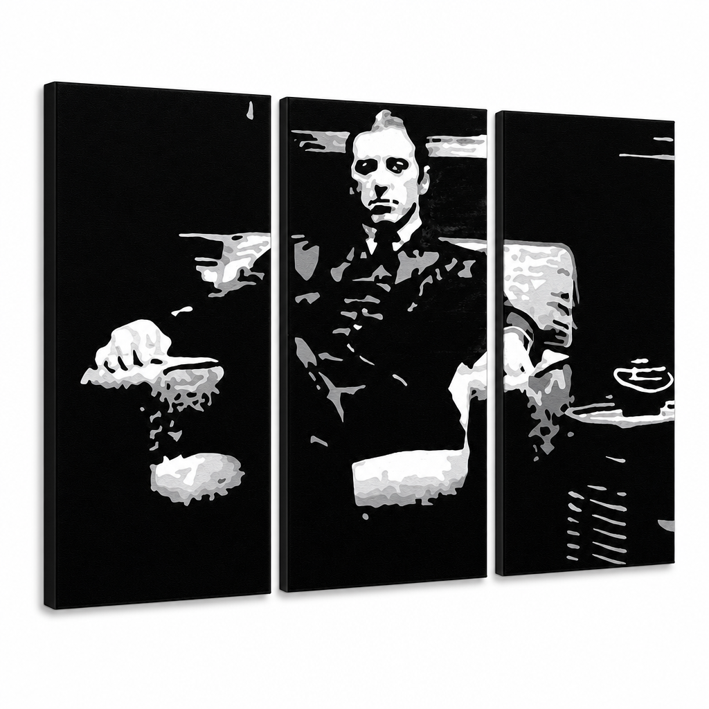 Ročno poslikana slika POP Art GODFATHER 3 kosi bog8 – 3D vizualizacija ročno poslikanega platna na belem ozadju. Prevladujoče barve: črna, bela, siva.