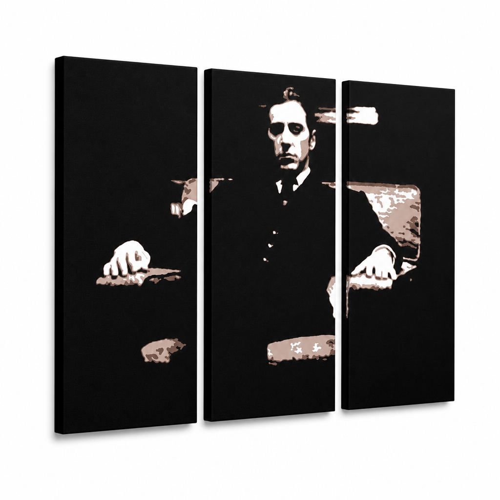 Ročno poslikana slika POP Art Godfather 3 kosi god10 – 3D vizualizacija ročno poslikanega platna na belem ozadju. Prevladujoče barve: črna, rjava, bež.