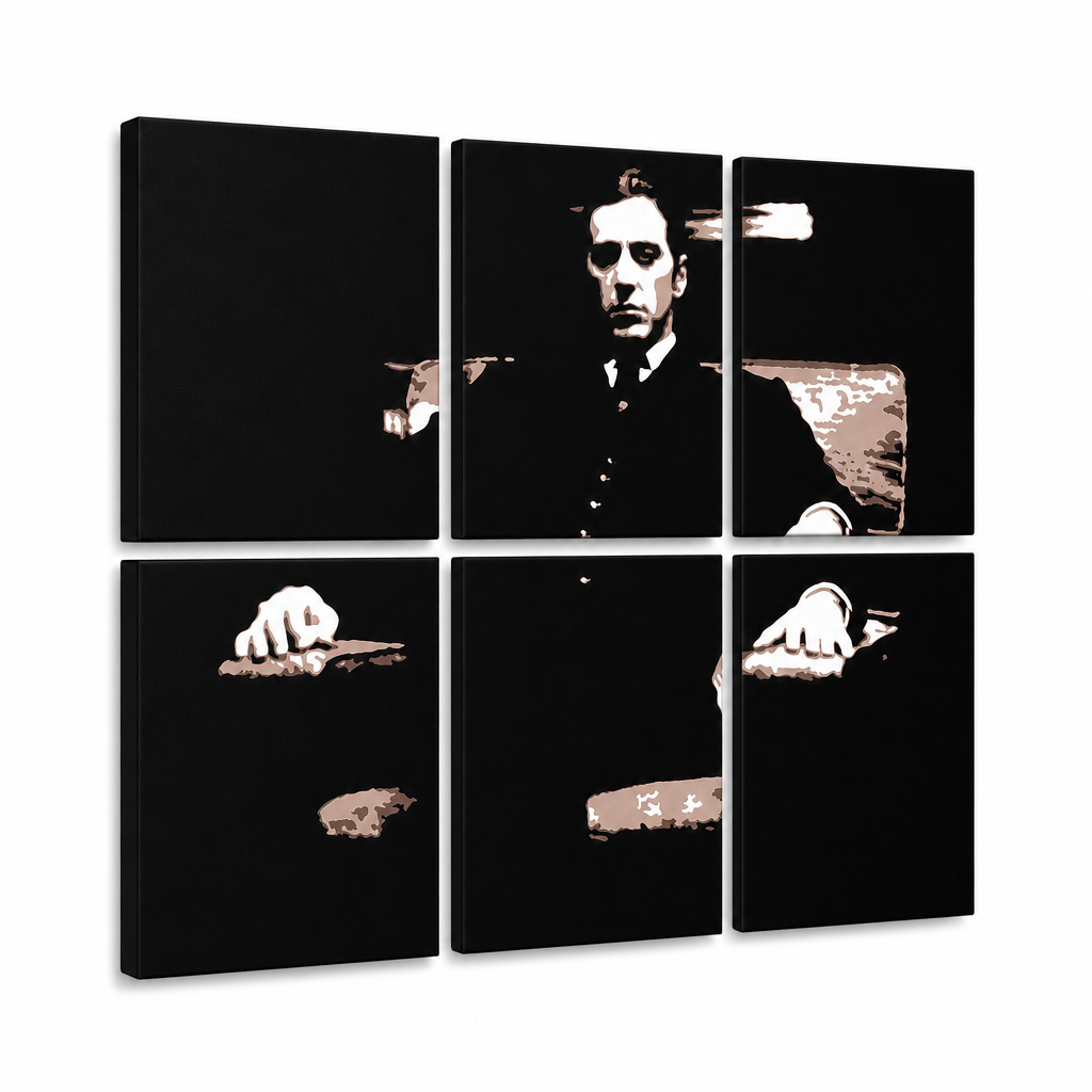 Ročno poslikana slika POP Art Godfather 6 kosov god11 – 3D vizualizacija ročno poslikanega platna na belem ozadju. Prevladujoče barve: črna, rjava, bela.
