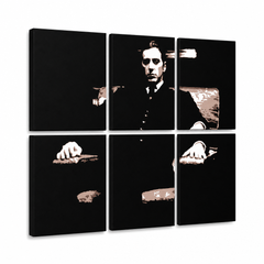 Ročno poslikana slika POP Art Godfather 6 kosov god11 – 3D vizualizacija ročno poslikanega platna na belem ozadju. Prevladujoče barve: črna, rjava, bela.
