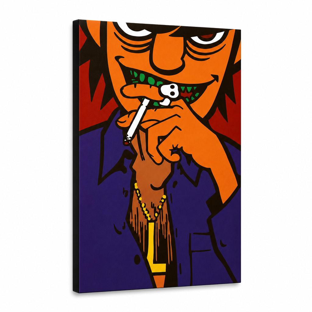 Ročno poslikana slika POP Art Gorillaz 1 kos gor – 3D vizualizacija ročno poslikanega platna na belem ozadju. Prevladujoče barve: oranžna, črna, vijolična, rdeča, rumena.