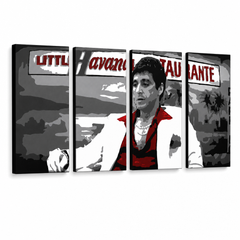 Ročno poslikana slika na platnu z motivom Tony Montana v rdeči srajci – 3D prikaz platna z vidnim lesenim okvirjem, Papilora.