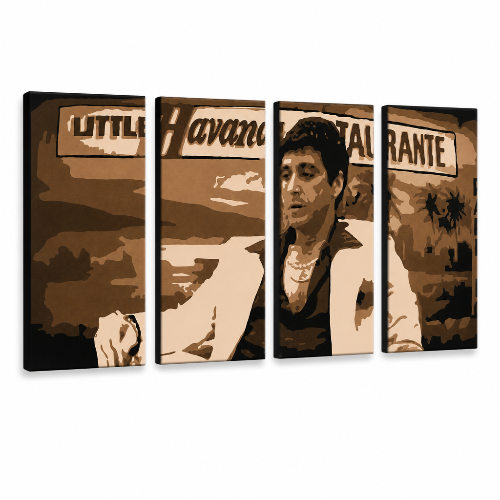 Ročno poslikana slika POP Art HAVANA - AL PACINO 4 kosov al17 – 3D vizualizacija ročno poslikanega platna na belem ozadju. Prevladujoče barve: rjava, bež, črna.