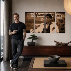 Ročno poslikana slika POP Art HAVANA - AL PACINO 4 kosov al17 – slika v sodobnem moškem interjerju, lifestyle vizualizacija. Prevladujoče barve: rjava, bež, črna.