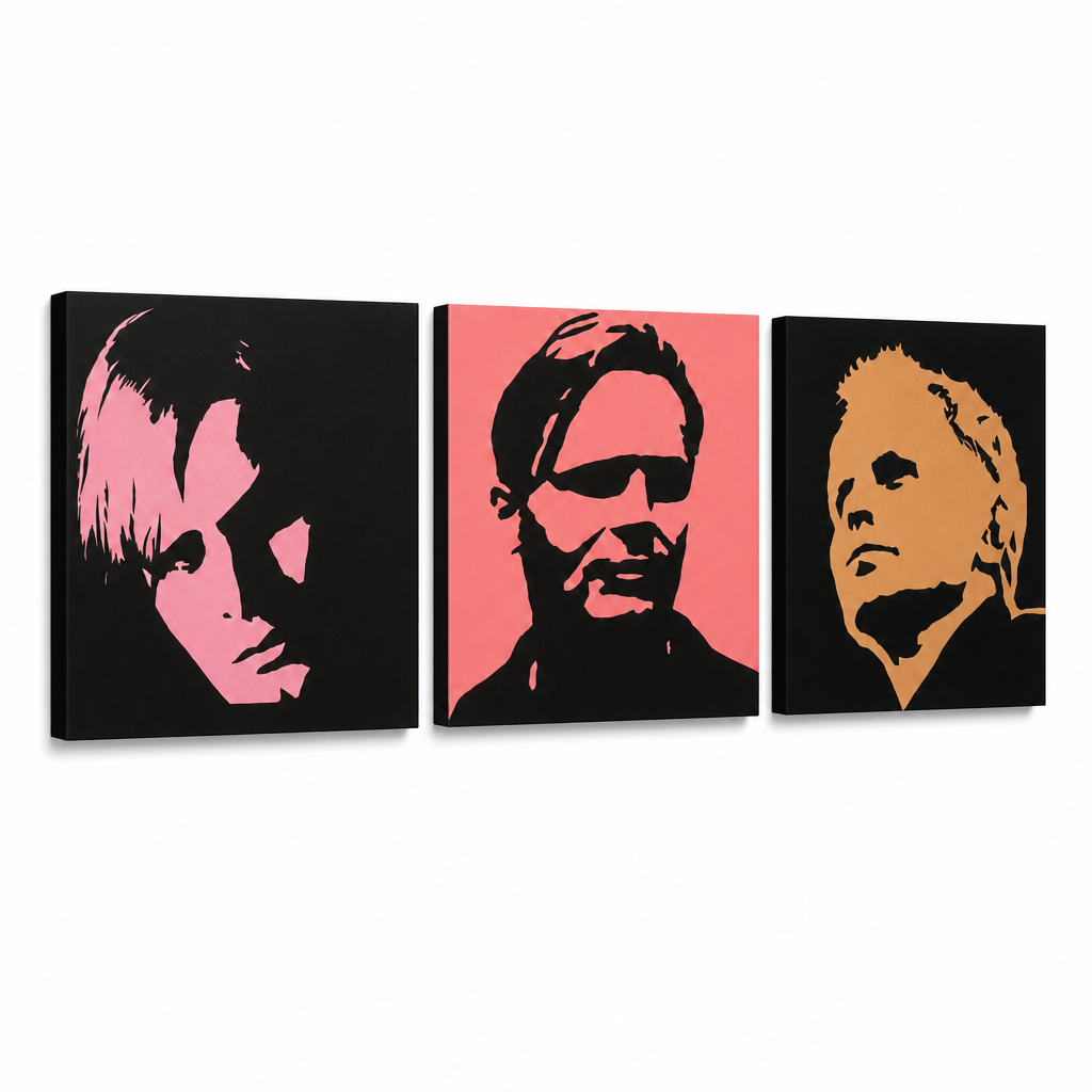 Ročno poslikana slika POP Art Herbert Grônemeyer 3 kosi hg – 3D vizualizacija ročno poslikanega platna na belem ozadju. Prevladujoče barve: črna, rožnata, oranžna.