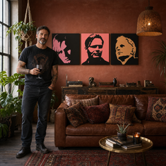 Ročno poslikana slika POP Art Herbert Grônemeyer 3 kosi hg – slika v sodobnem moškem interjerju, lifestyle vizualizacija. Prevladujoče barve: črna, rožnata, oranžna.