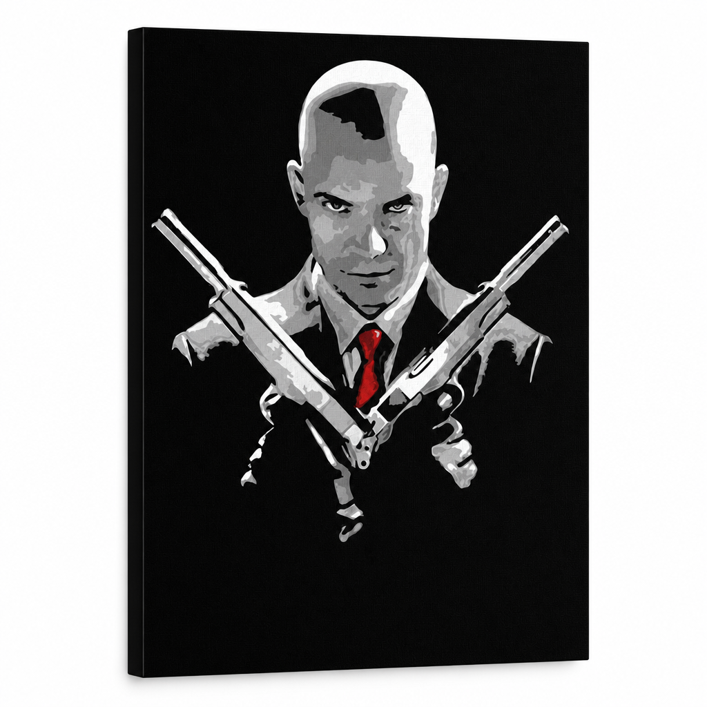 Ročno poslikana slika POP Art HITMAN hit – 3D vizualizacija ročno poslikanega platna na belem ozadju. Prevladujoče barve: črna, rdeča, siva.
