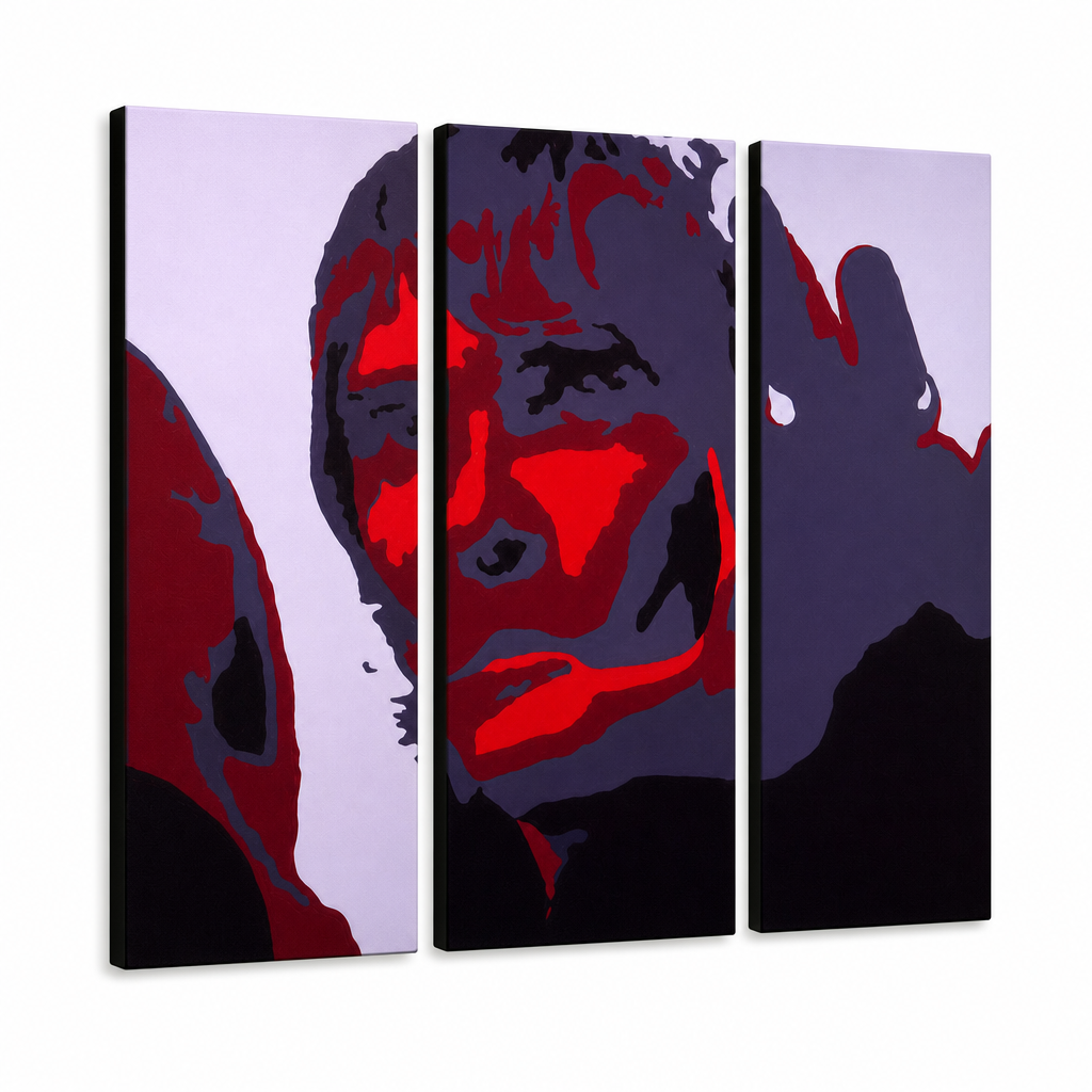 Ročno poslikana slika na platnu z motivom pop art portret moškega, rdeča in vijolična – 3D prikaz platna z vidnim lesenim okvirjem, Papilora.