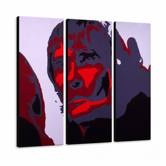 Ročno poslikana slika na platnu z motivom pop art portret moškega, rdeča in vijolična – 3D prikaz platna z vidnim lesenim okvirjem, Papilora.