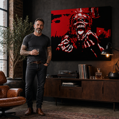 Ročno poslikana slika POP Art Iron Maiden 1 kos im – slika v sodobnem moškem interjerju, lifestyle vizualizacija. Prevladujoče barve: rdeča, črna, bela.