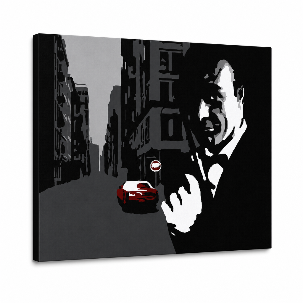 Ročno poslikana slika POP Art James Bond 1 del bond3 – 3D vizualizacija ročno poslikanega platna na belem ozadju. Prevladujoče barve: črna, siva, rdeča.