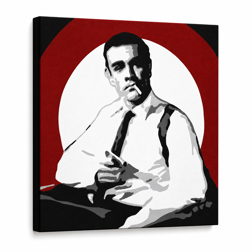 Ročno poslikana slika POP Art James Bond 1 del bond4 – 3D vizualizacija ročno poslikanega platna na belem ozadju. Prevladujoče barve: črna, bela, rdeča.