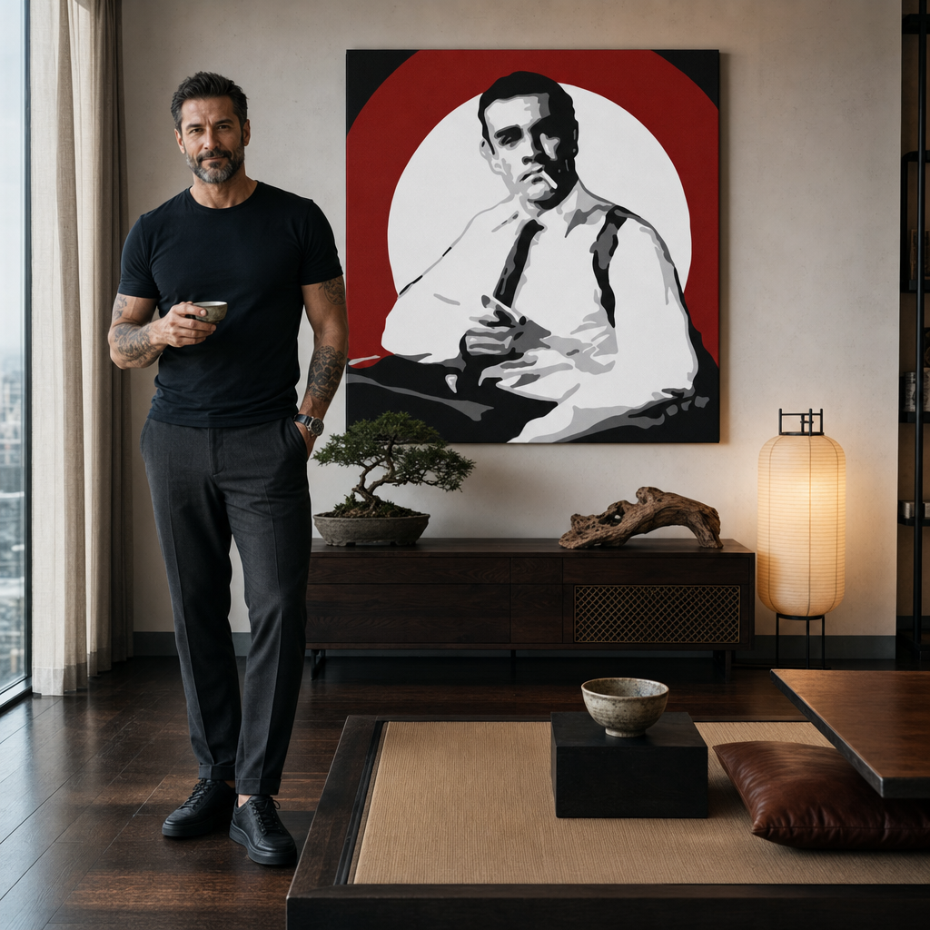Ročno poslikana slika POP Art James Bond 1 del bond4 – slika v sodobnem moškem interjerju, lifestyle vizualizacija. Prevladujoče barve: črna, bela, rdeča.