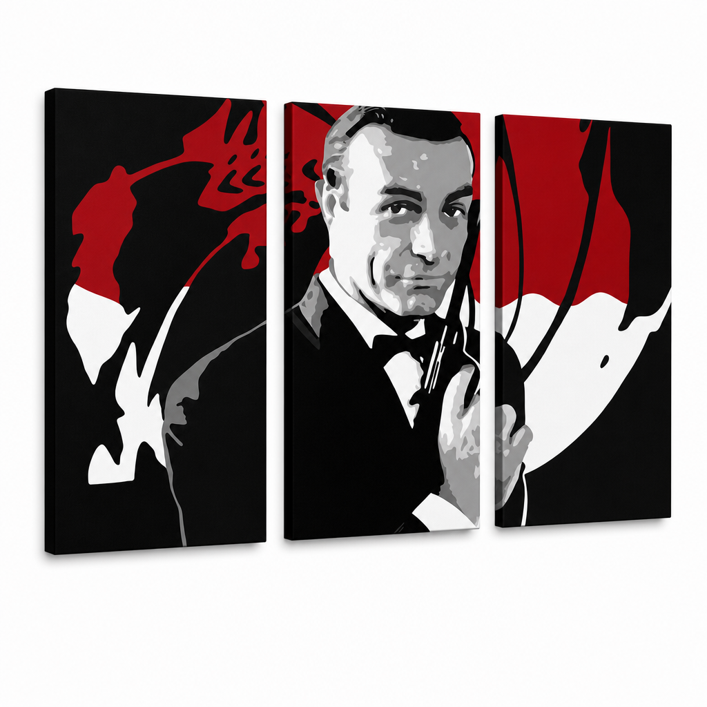 Ročno poslikana slika POP Art James Bond 3 deli bond2 – 3D vizualizacija ročno poslikanega platna na belem ozadju. Prevladujoče barve: črna, rdeča, bela.