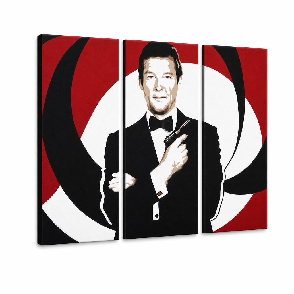 Ročno poslikana slika POP Art James Bond 3 kosi bond – 3D vizualizacija ročno poslikanega platna na belem ozadju. Prevladujoče barve: črna, rdeča, bela.