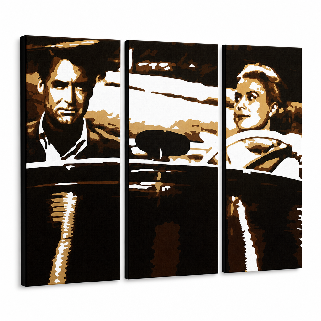 Ročno poslikana slika POP Art James Bond 3 kosi bond1 – 3D vizualizacija ročno poslikanega platna na belem ozadju. Prevladujoče barve: črna, rjava, bela.