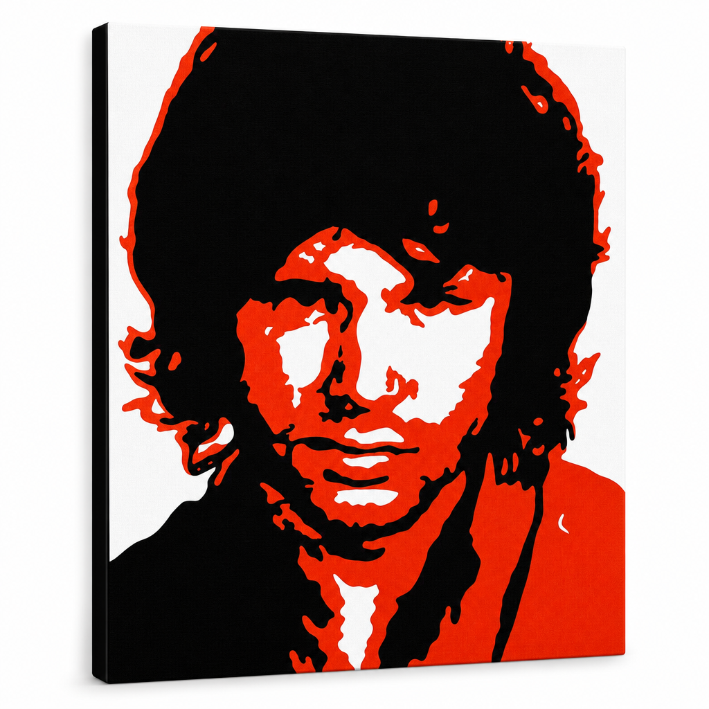 Ročno poslikana slika POP Art Jim Morrison 1 kos jm2 – 3D vizualizacija ročno poslikanega platna na belem ozadju. Prevladujoče barve: črna, rdeča, bela.