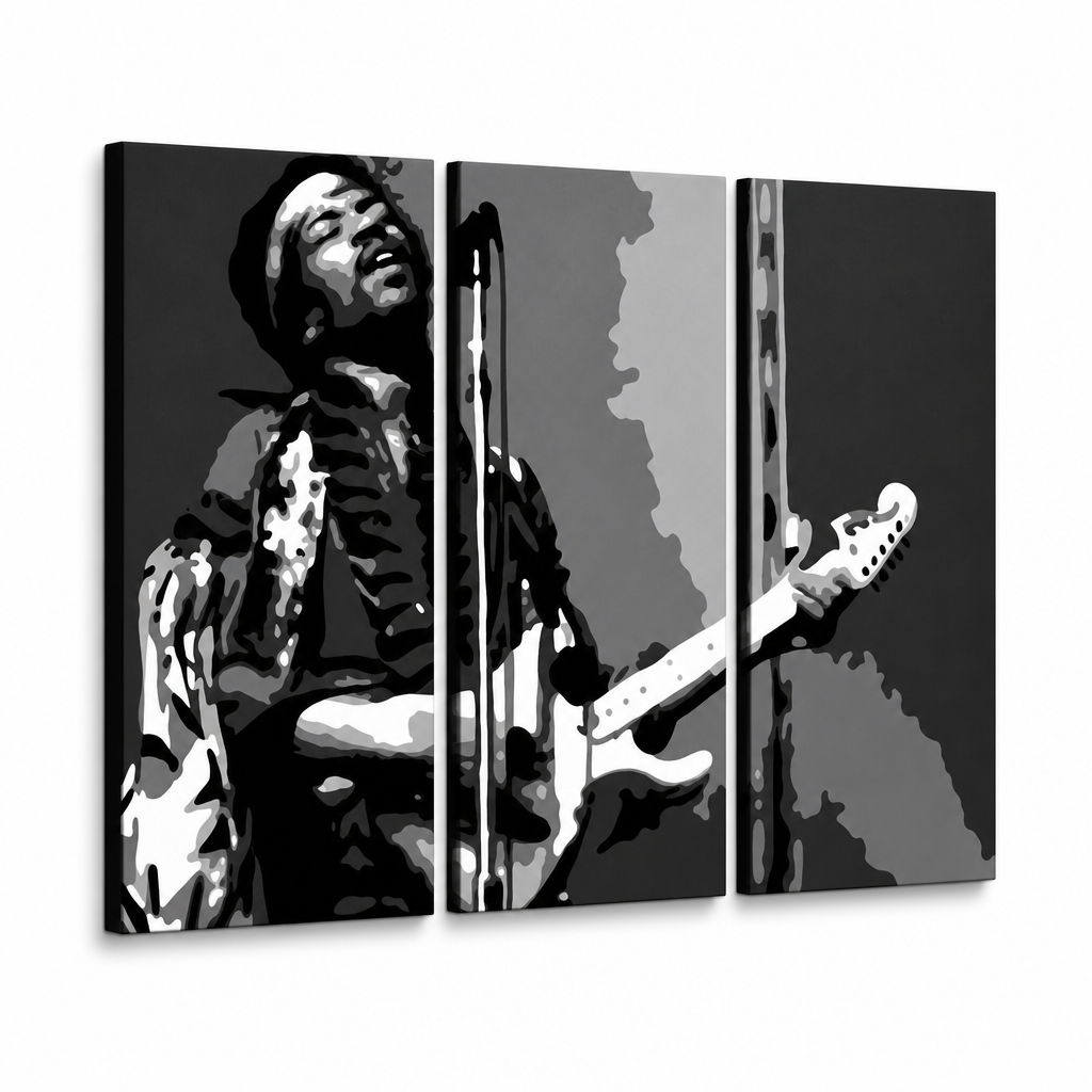 Ročno poslikana slika POP Art Jimmy Hendrix 3 kosi jh – 3D vizualizacija ročno poslikanega platna na belem ozadju. Prevladujoče barve: črna, bela, siva.