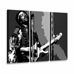 Ročno poslikana slika POP Art Jimmy Hendrix 3 kosi jh – 3D vizualizacija ročno poslikanega platna na belem ozadju. Prevladujoče barve: črna, bela, siva.